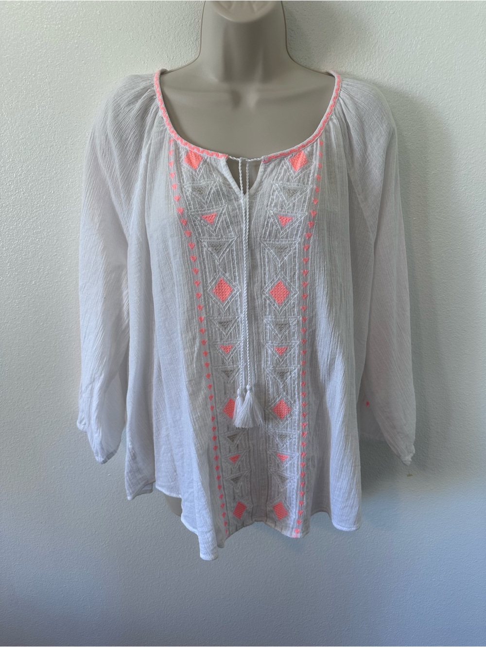 Sonoma White Gauze Top with Neon Pink Embroidery Accents